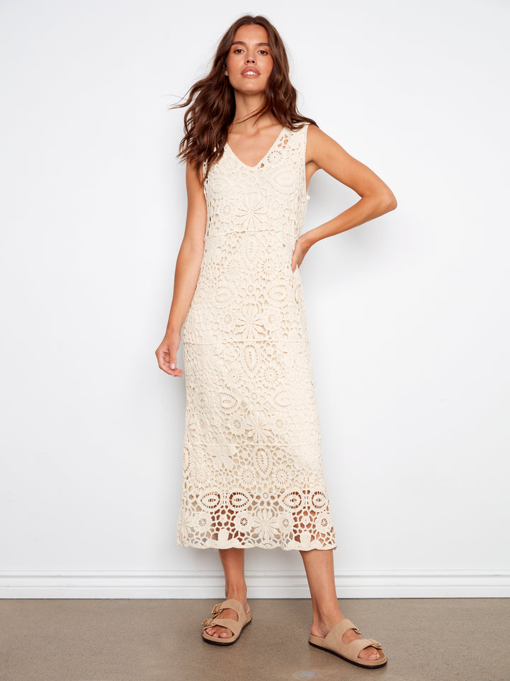 Charlie B Sleeveless V-Neck Lined Crochet Dress - Natural