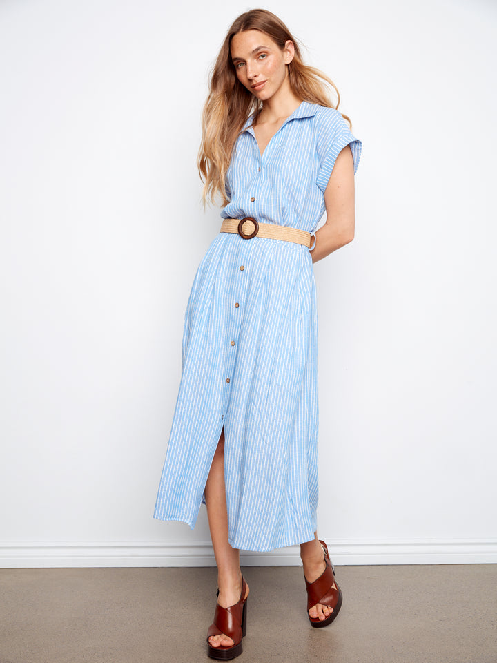Charlie B Short Sleeves Buttoned Front Maxi Dress w/ Belt - Bluebell