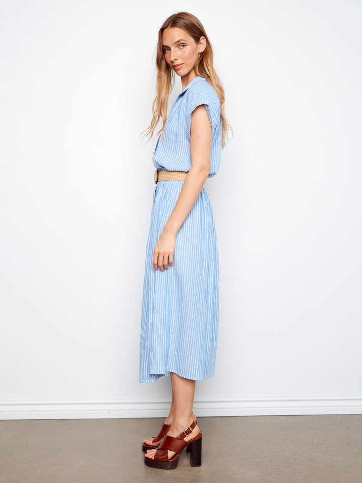 Charlie B Short Sleeves Buttoned Front Maxi Dress w/ Belt - Bluebell