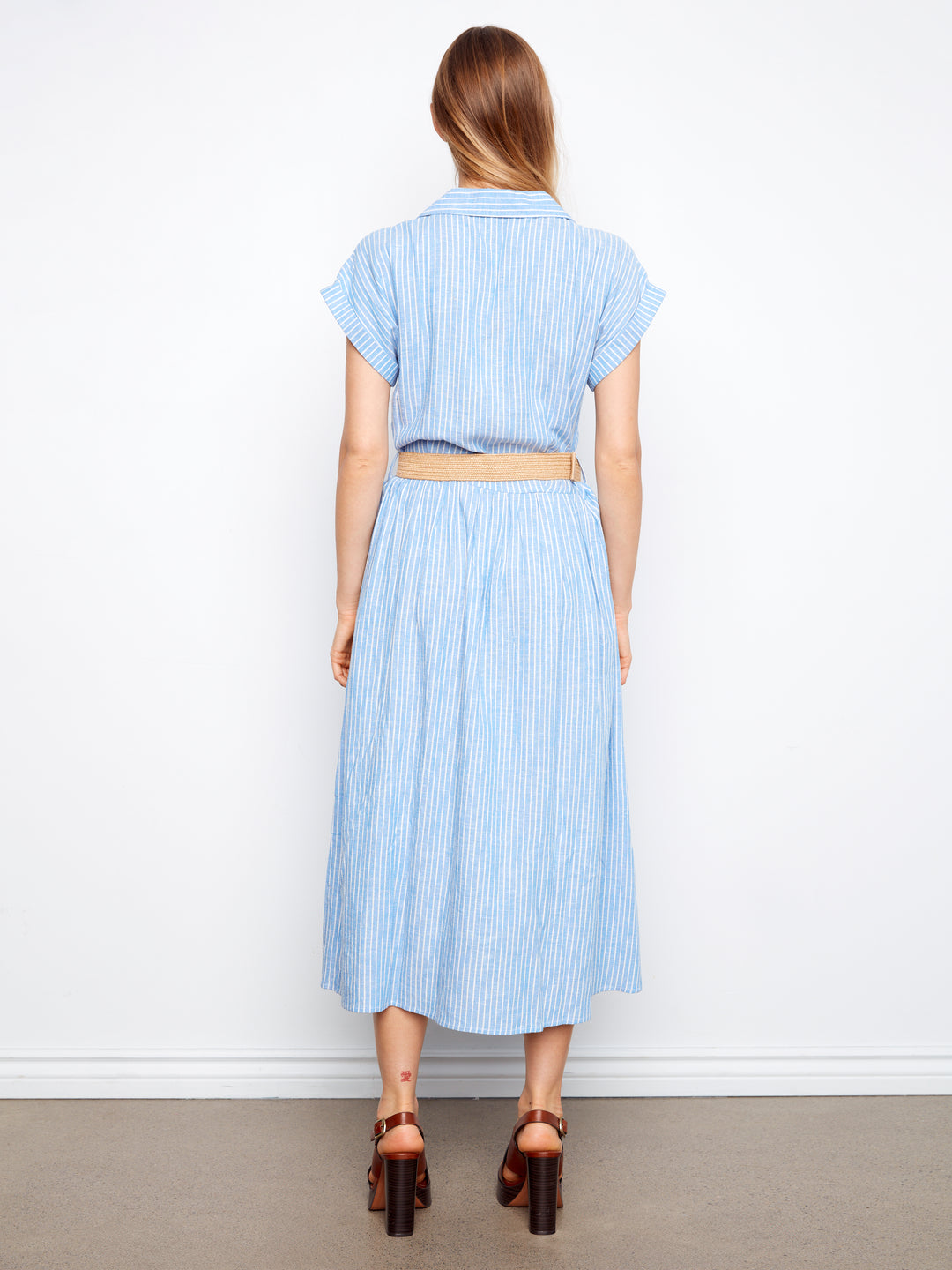 Charlie B Short Sleeves Buttoned Front Maxi Dress w/ Belt - Bluebell