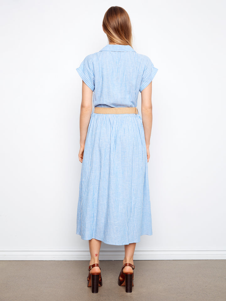 Charlie B Short Sleeves Buttoned Front Maxi Dress w/ Belt - Bluebell