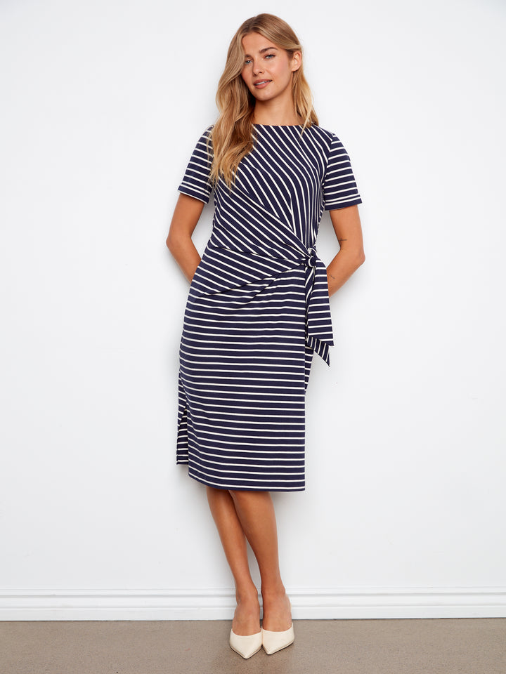 Charlie B Navy Striped Short Sleeve Boat Neck Dress w/ Tie