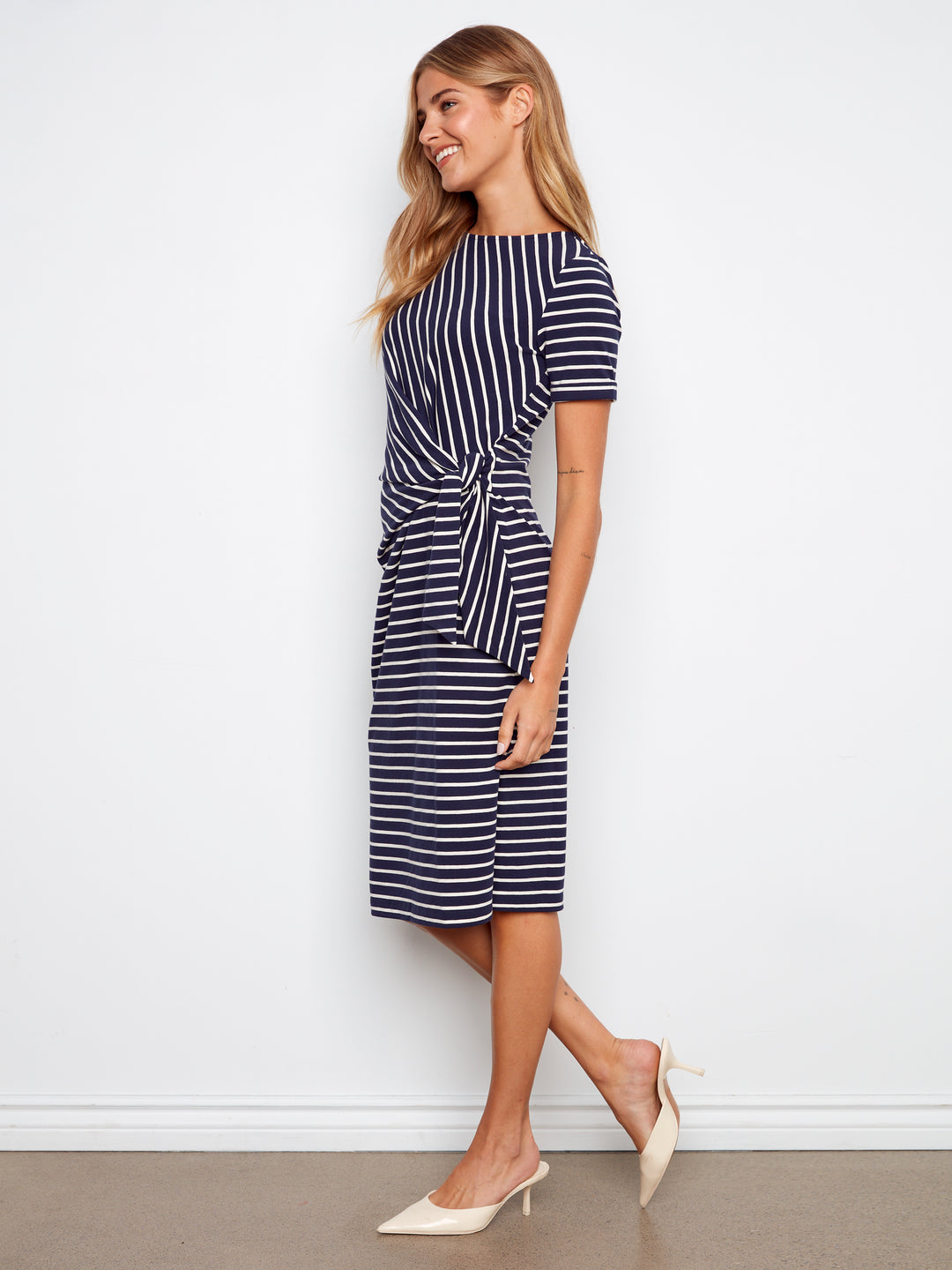 Charlie B Navy Striped Short Sleeve Boat Neck Dress w/ Tie