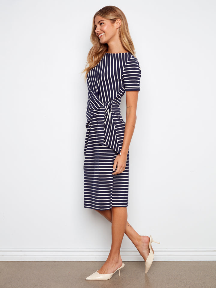 Charlie B Navy Striped Short Sleeve Boat Neck Dress w/ Tie