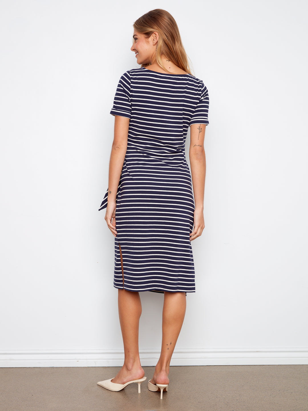 Charlie B Navy Striped Short Sleeve Boat Neck Dress w/ Tie