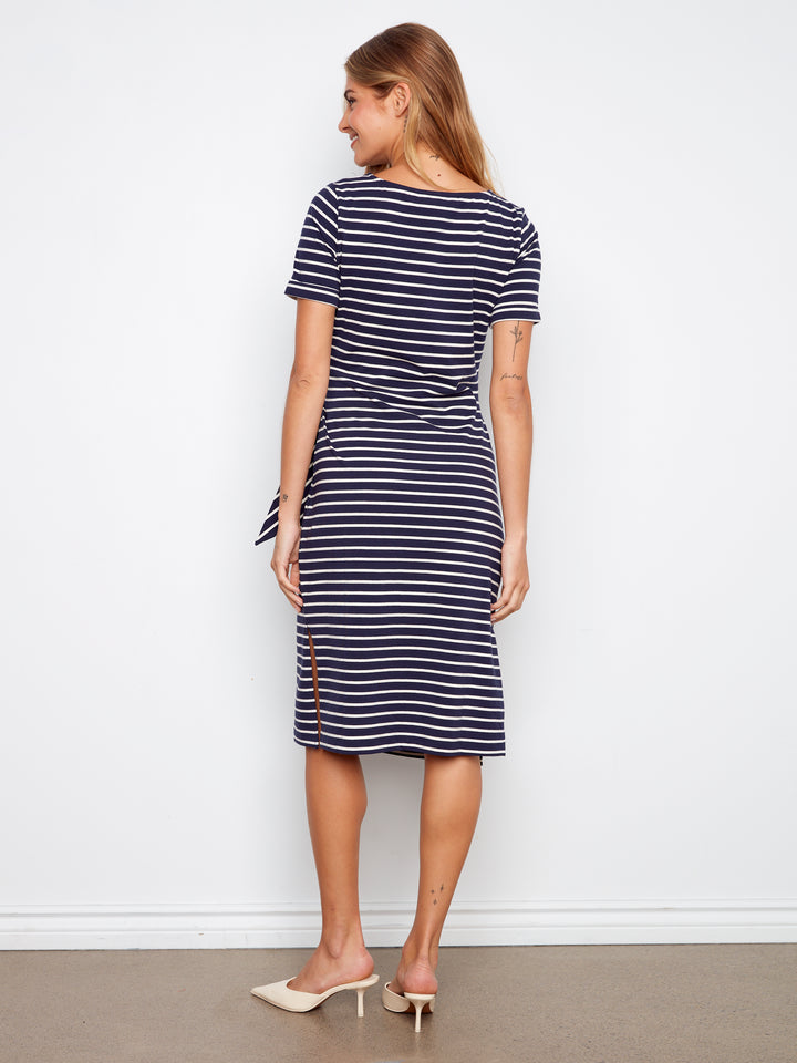 Charlie B Navy Striped Short Sleeve Boat Neck Dress w/ Tie