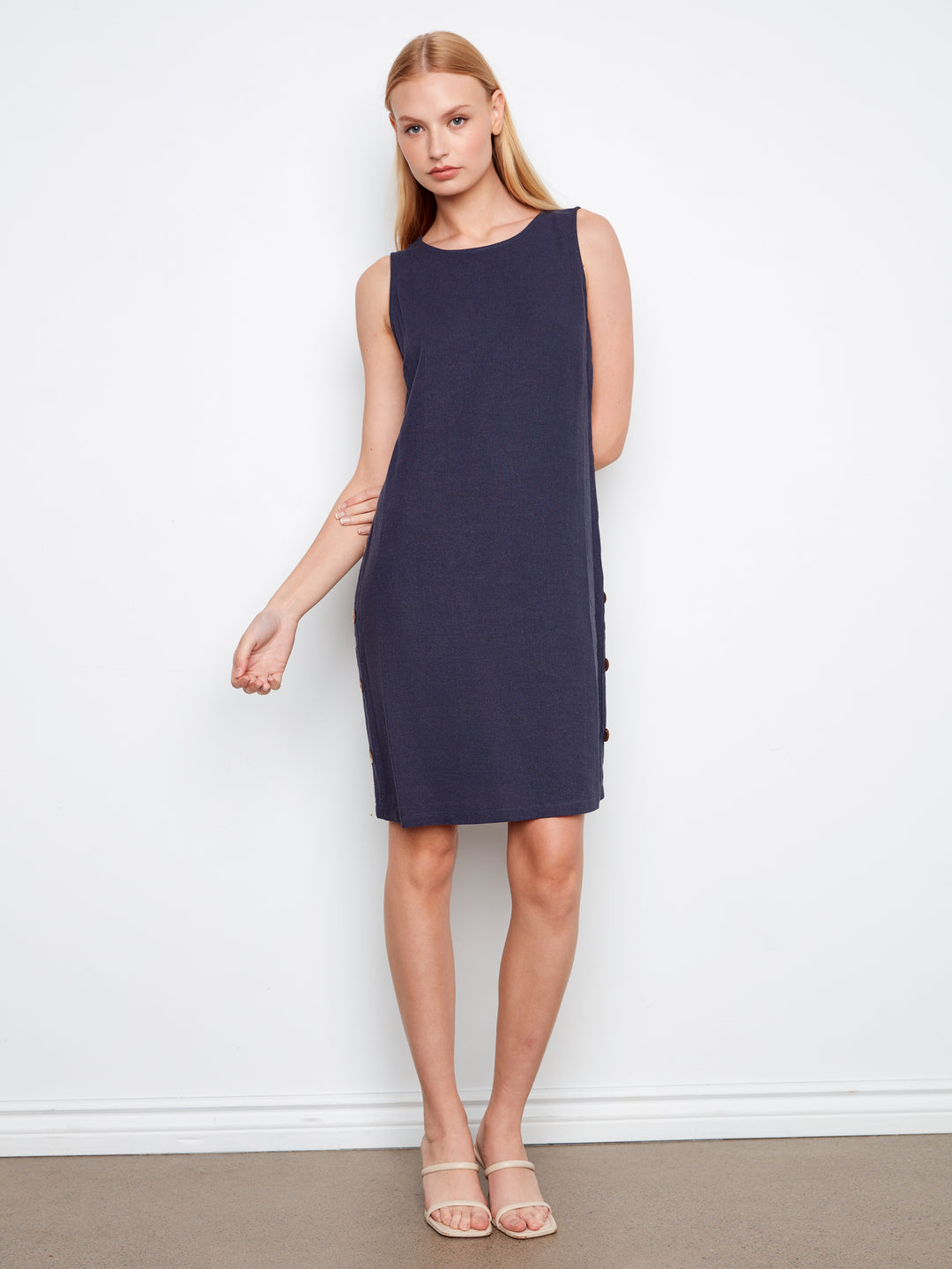 Charlie B Navy Sleeveless Shift Dress w/ Decorative Side Button Detail