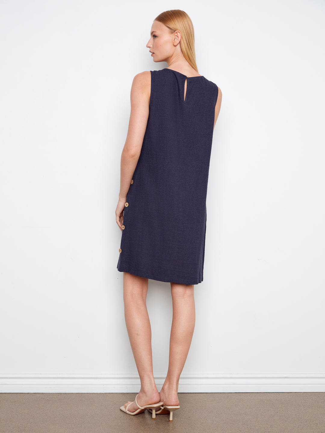 Charlie B Navy Sleeveless Shift Dress w/ Decorative Side Button Detail