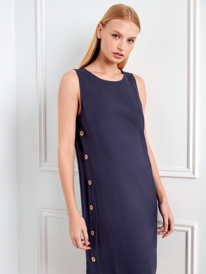 Charlie B Navy Sleeveless Shift Dress w/ Decorative Side Button Detail
