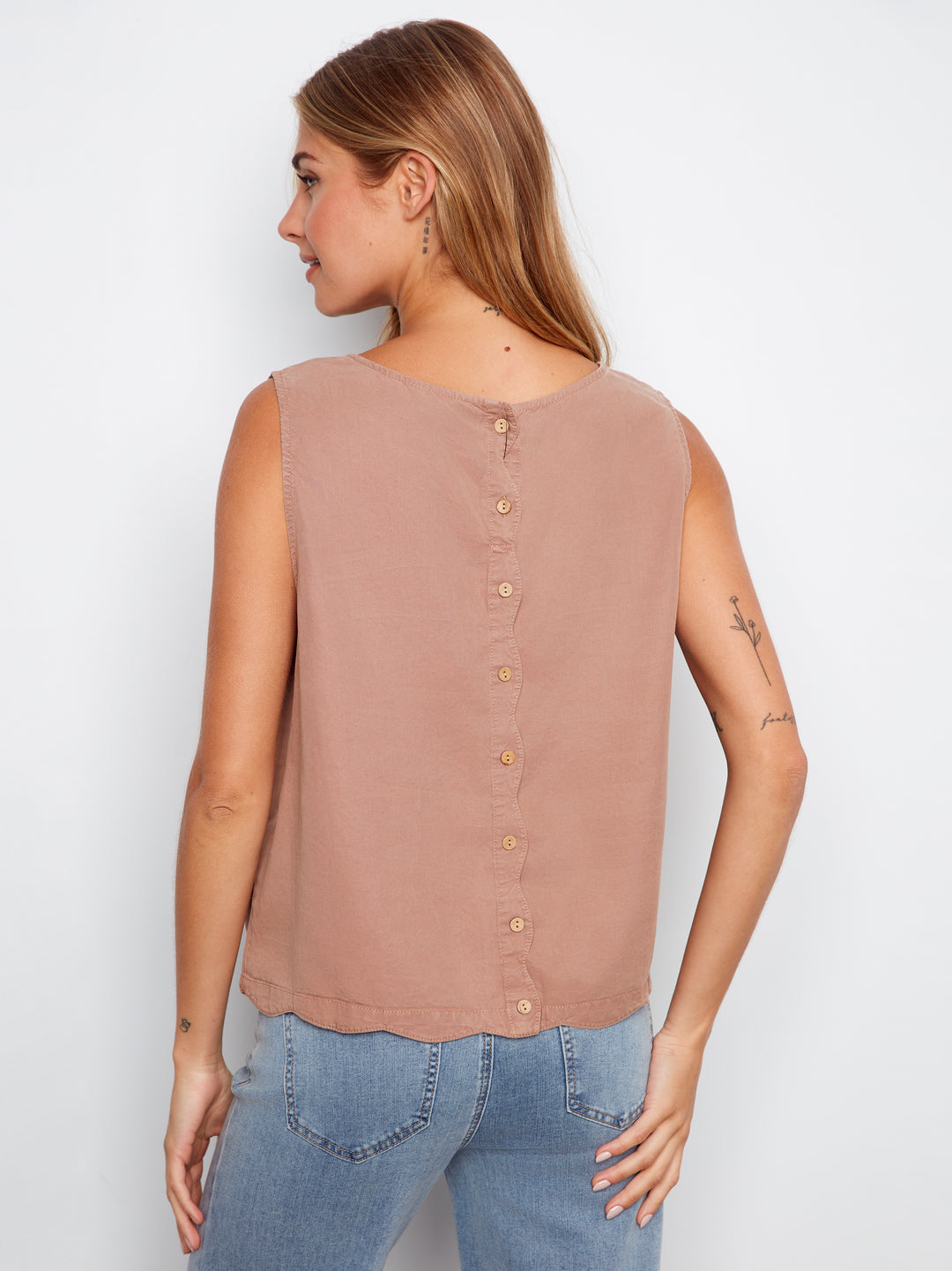 Charlie B Sleeveless Top w/ Back Decorative Buttons - Desert