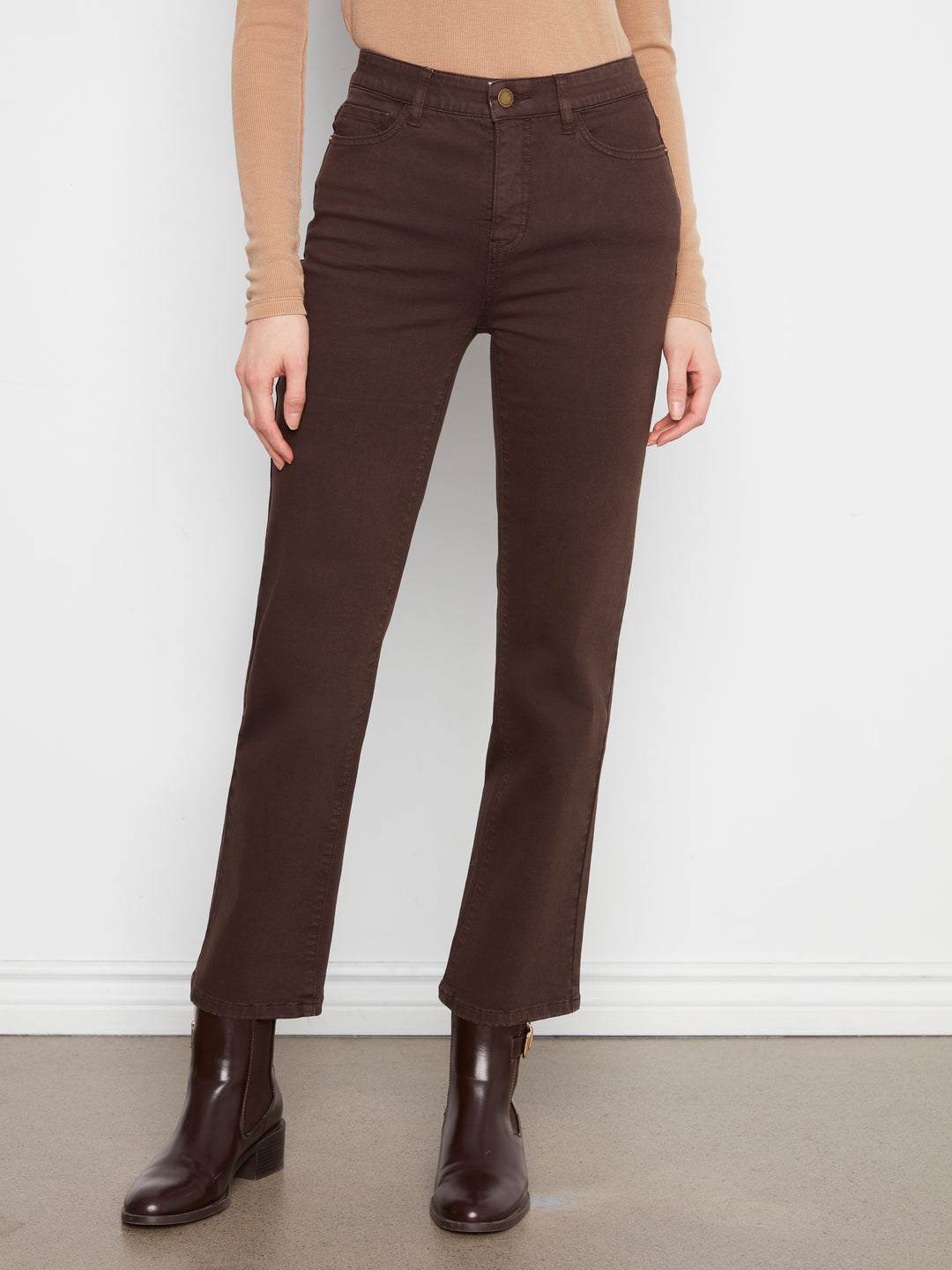 Charlie B Straight Leg Colored Twill Pants w/ Elastic Inside Waist - Coffee
