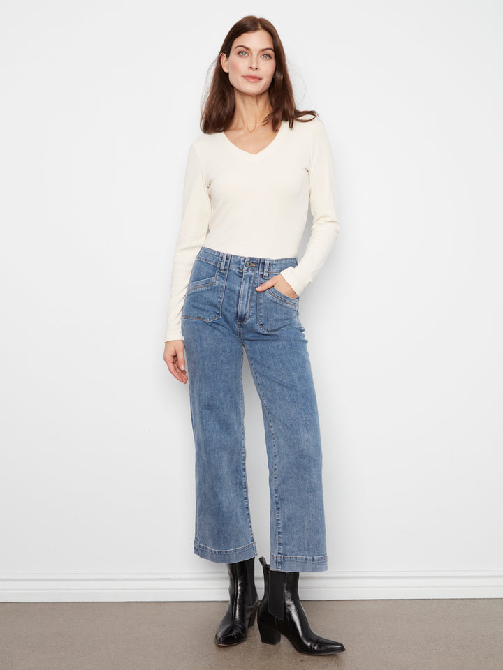 Charlie B Cropped Wide Leg Stretch Denim Pants w/ Patch Pockets