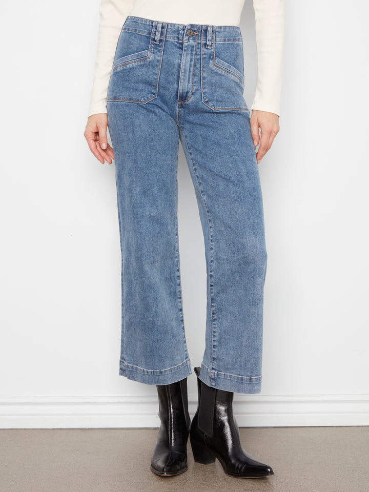 Charlie B Cropped Wide Leg Stretch Denim Pants w/ Patch Pockets