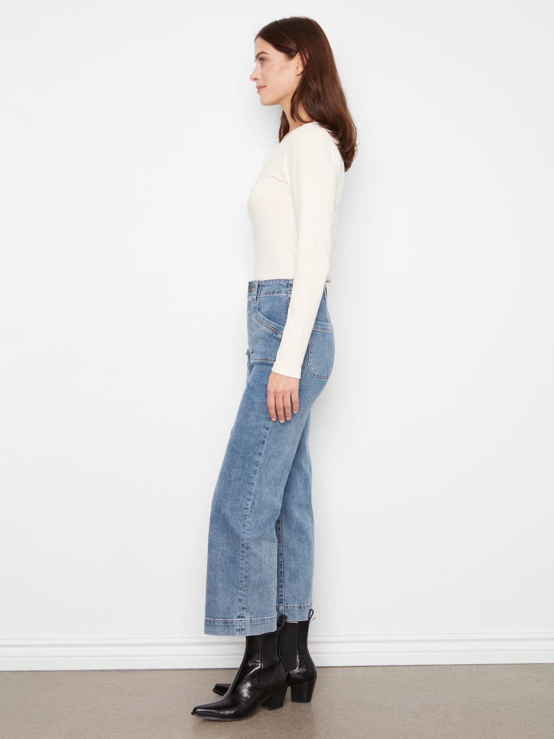 Charlie B Cropped Wide Leg Stretch Denim Pants w/ Patch Pockets