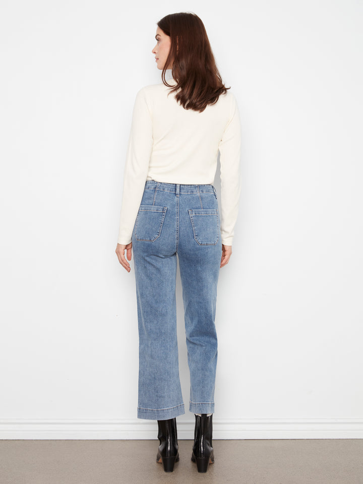 Charlie B Cropped Wide Leg Stretch Denim Pants w/ Patch Pockets