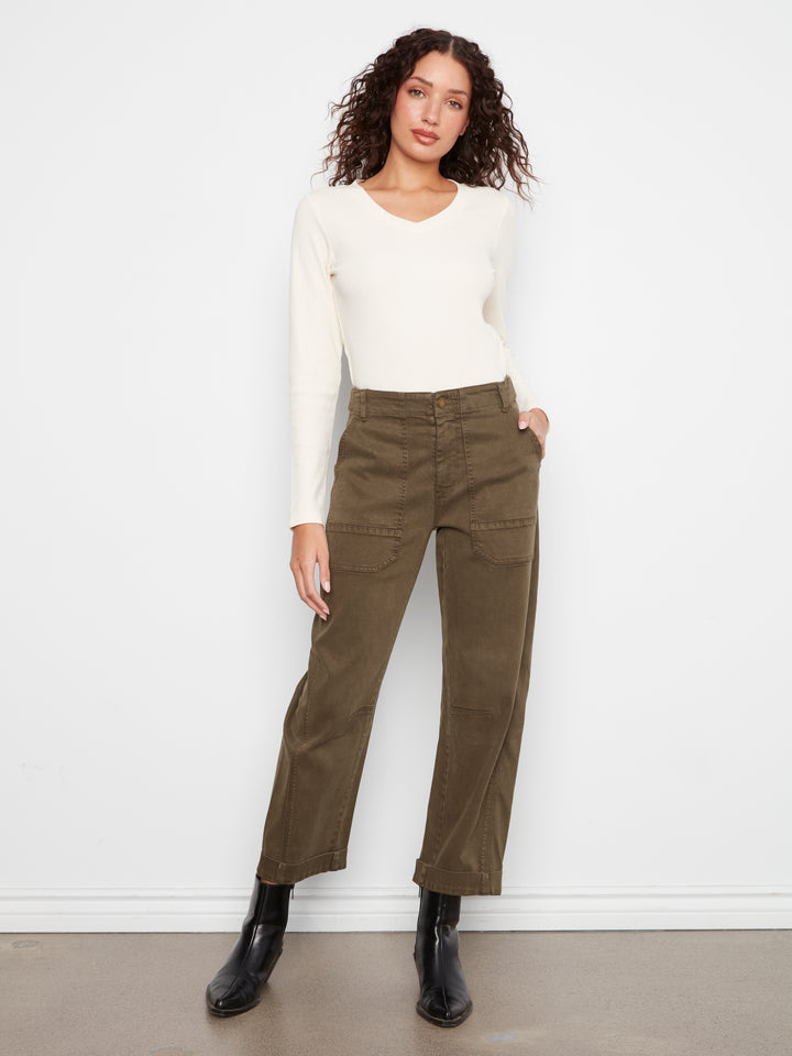 Charlie B Smooth Twill Barrel Leg Pants - Olive