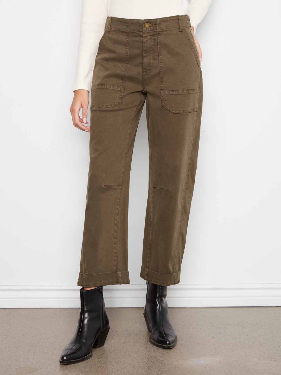 Charlie B Smooth Twill Barrel Leg Pants - Olive