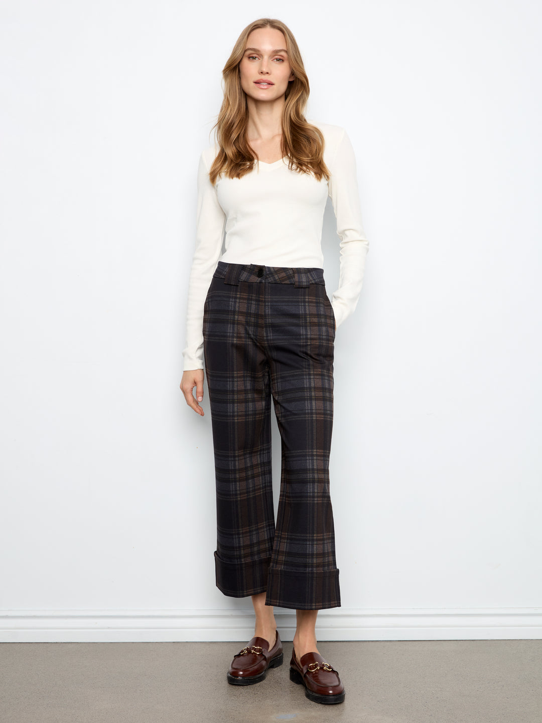 Charlie B Printed Plaid Wide Leg Pant - Chocolate