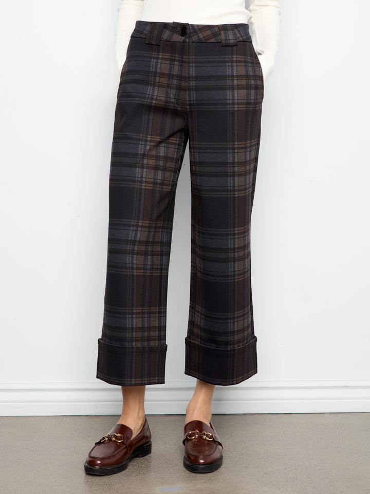 Charlie B Printed Plaid Wide Leg Pant - Chocolate