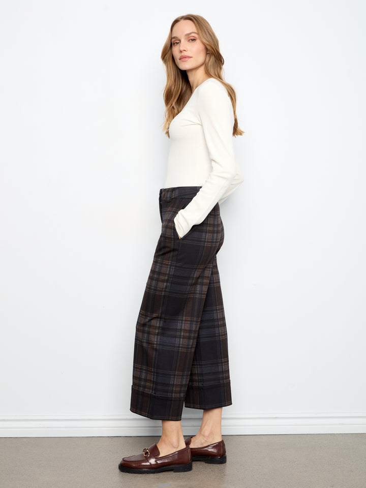 Charlie B Printed Plaid Wide Leg Pant - Chocolate