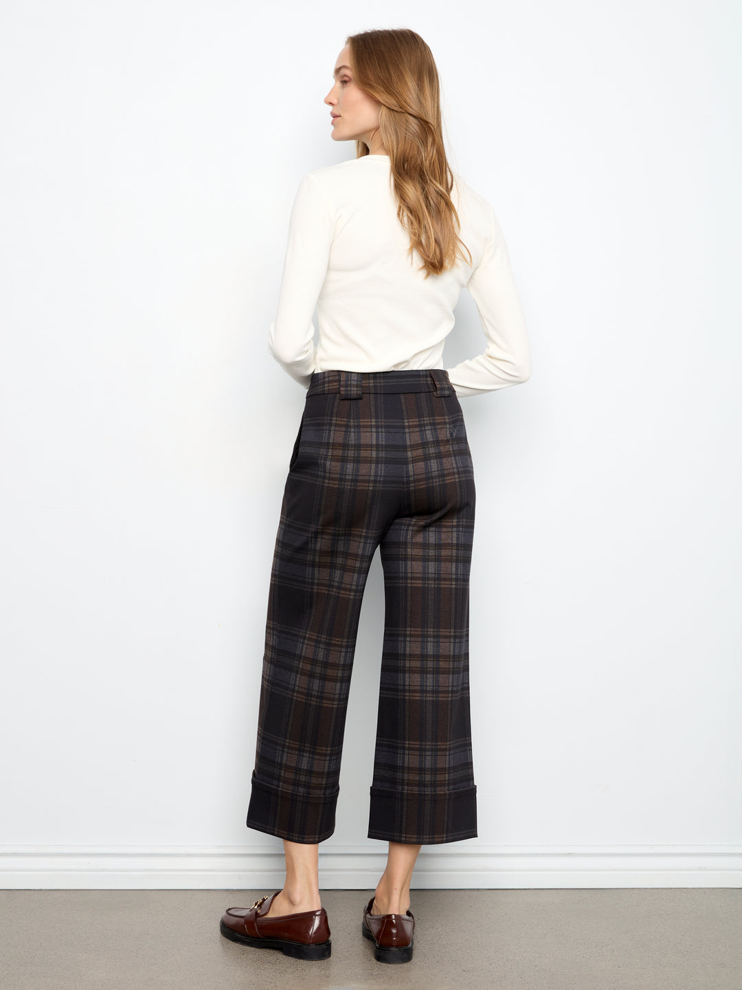 Charlie B Printed Plaid Wide Leg Pant - Chocolate