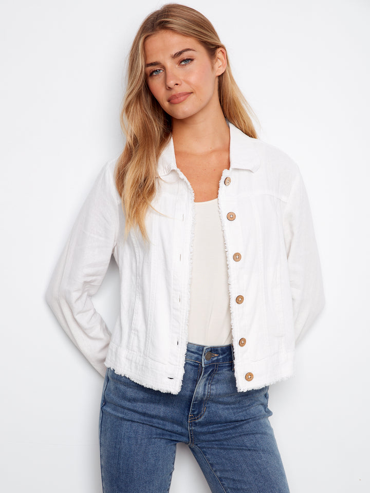 Charlie B Linen Jacket w/ Frayed Hem - White