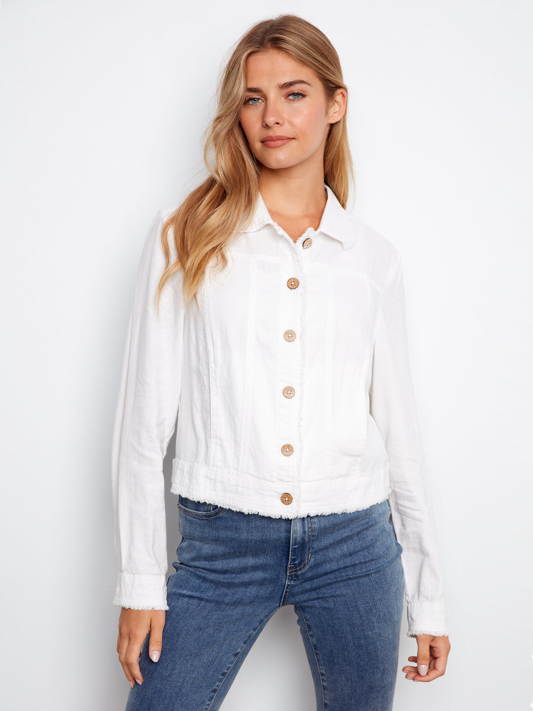 Charlie B Linen Jacket w/ Frayed Hem - White