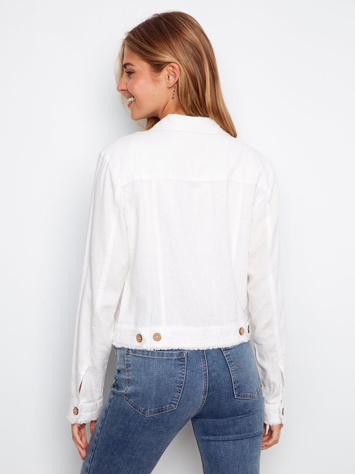 Charlie B Linen Jacket w/ Frayed Hem - White