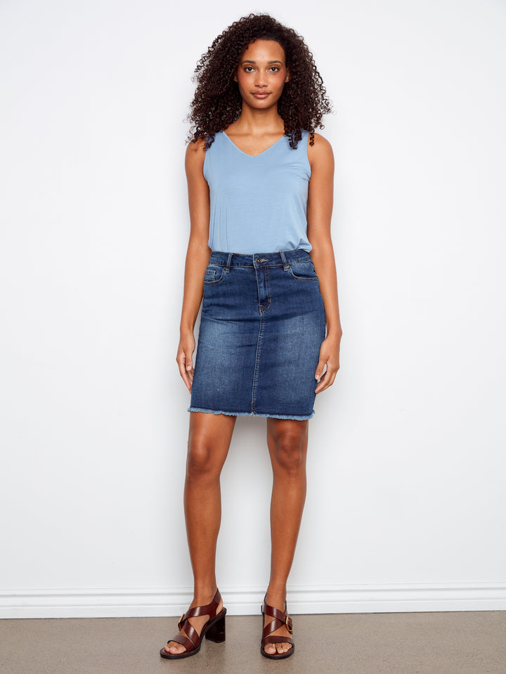Charlie B Stretch Denim Skort w/ Frayed Hem - Indigo