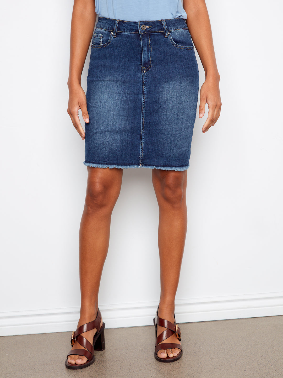 Charlie B Stretch Denim Skort w/ Frayed Hem - Indigo