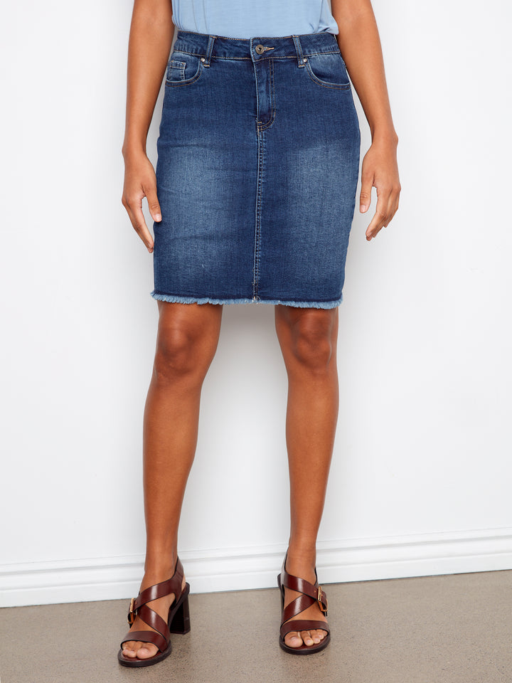 Charlie B Stretch Denim Skort w/ Frayed Hem - Indigo