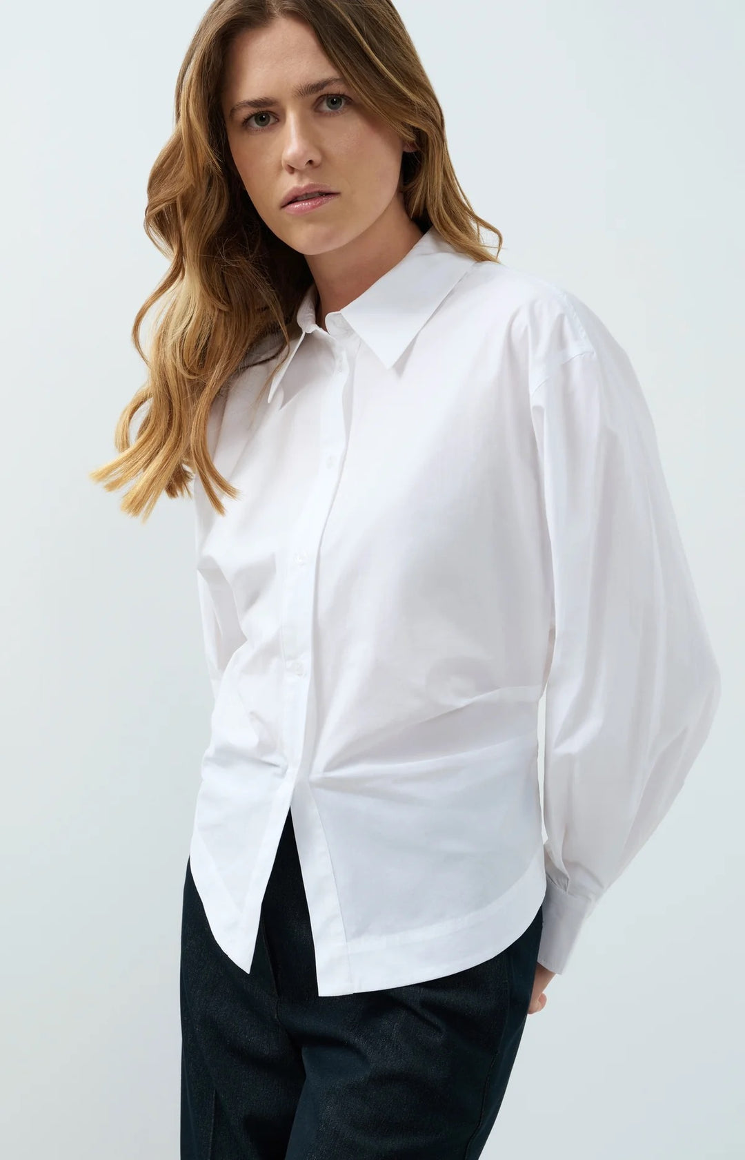 YAYA Blouse W/ Waist Accent + Back Pleats - White