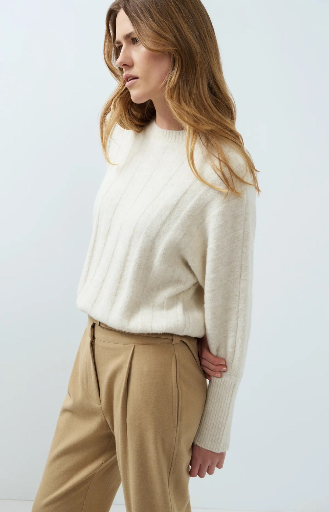 YAYA Rib Batwing Sweater With Cord - Off White Melange