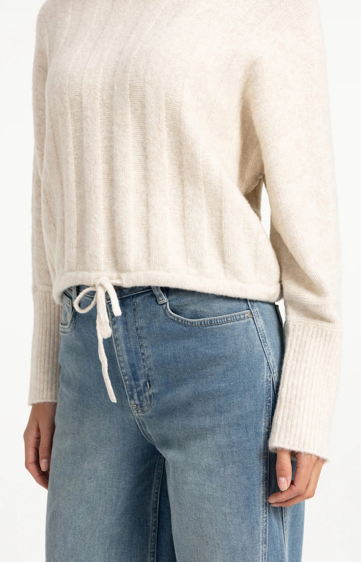 YAYA Rib Batwing Sweater With Cord - Off White Melange