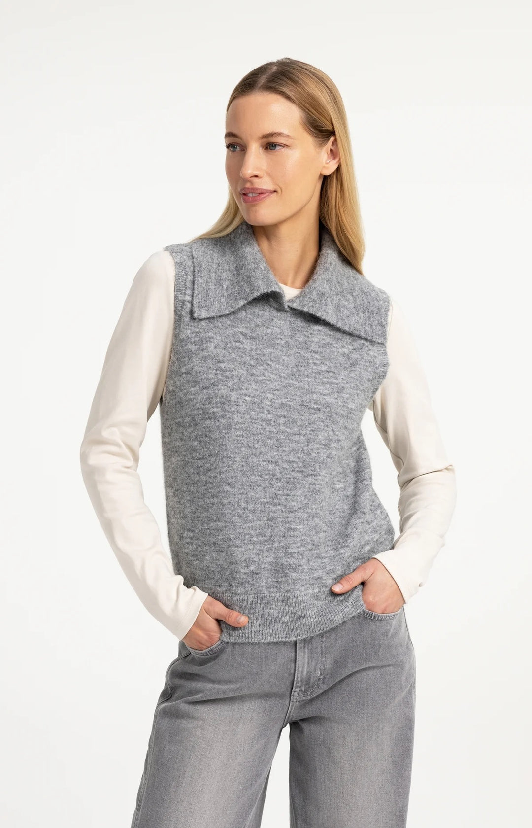 YAYA Sleeveless Sweater With Collar - Grey