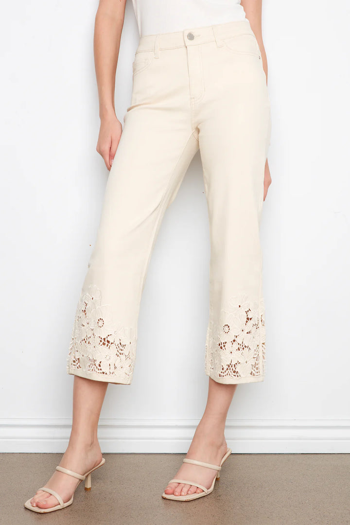 Charlie B Crop Flare Leg Flex Twill Pants w/ Lace Hem - Natural