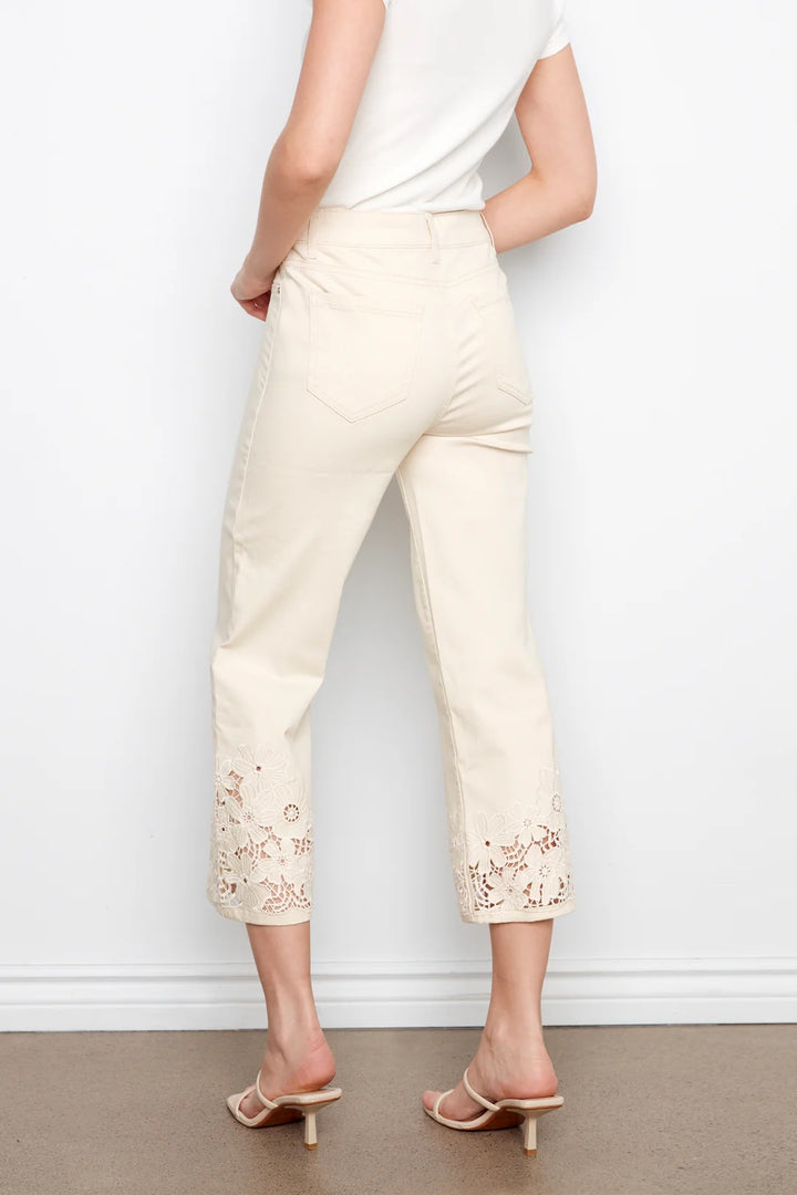 Charlie B Crop Flare Leg Flex Twill Pants w/ Lace Hem - Natural