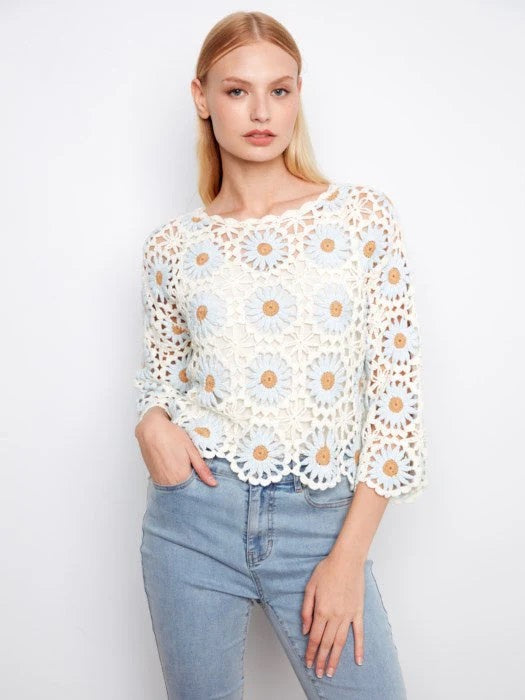 Charlie B Flower Crochet Sweater - Powder