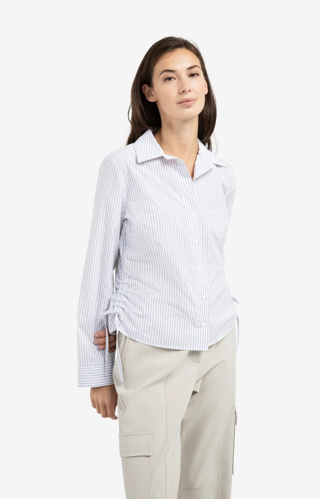 YAYA Fitted Blouse w/ Side Drawstring - Iron Grey/White