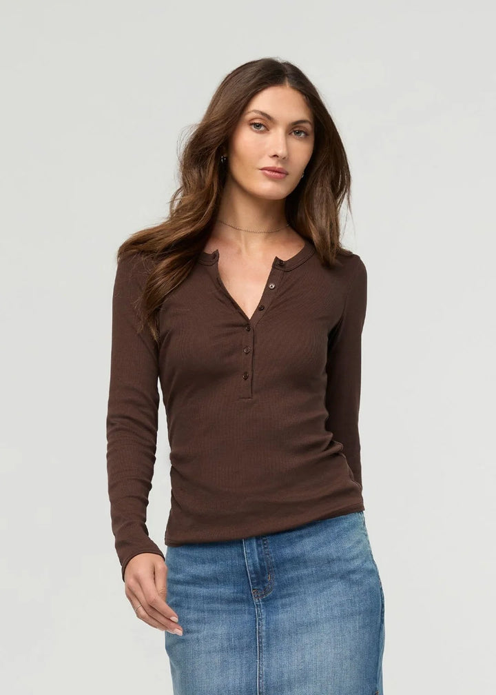 DUER Ribbed Pima Long Sleeve Henley - Espresso