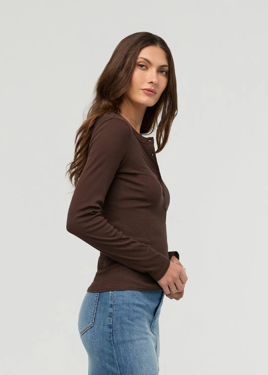 DUER Ribbed Pima Long Sleeve Henley - Espresso