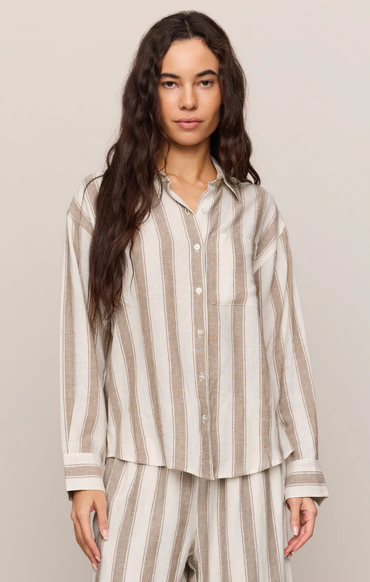 Z SUPPLY Perfect Striped Linen Button Up - Light Toffee