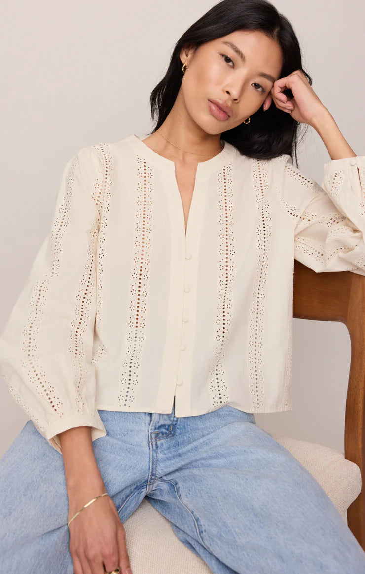 Z SUPPLY Louella Embroidered Button Up Top - Cloud