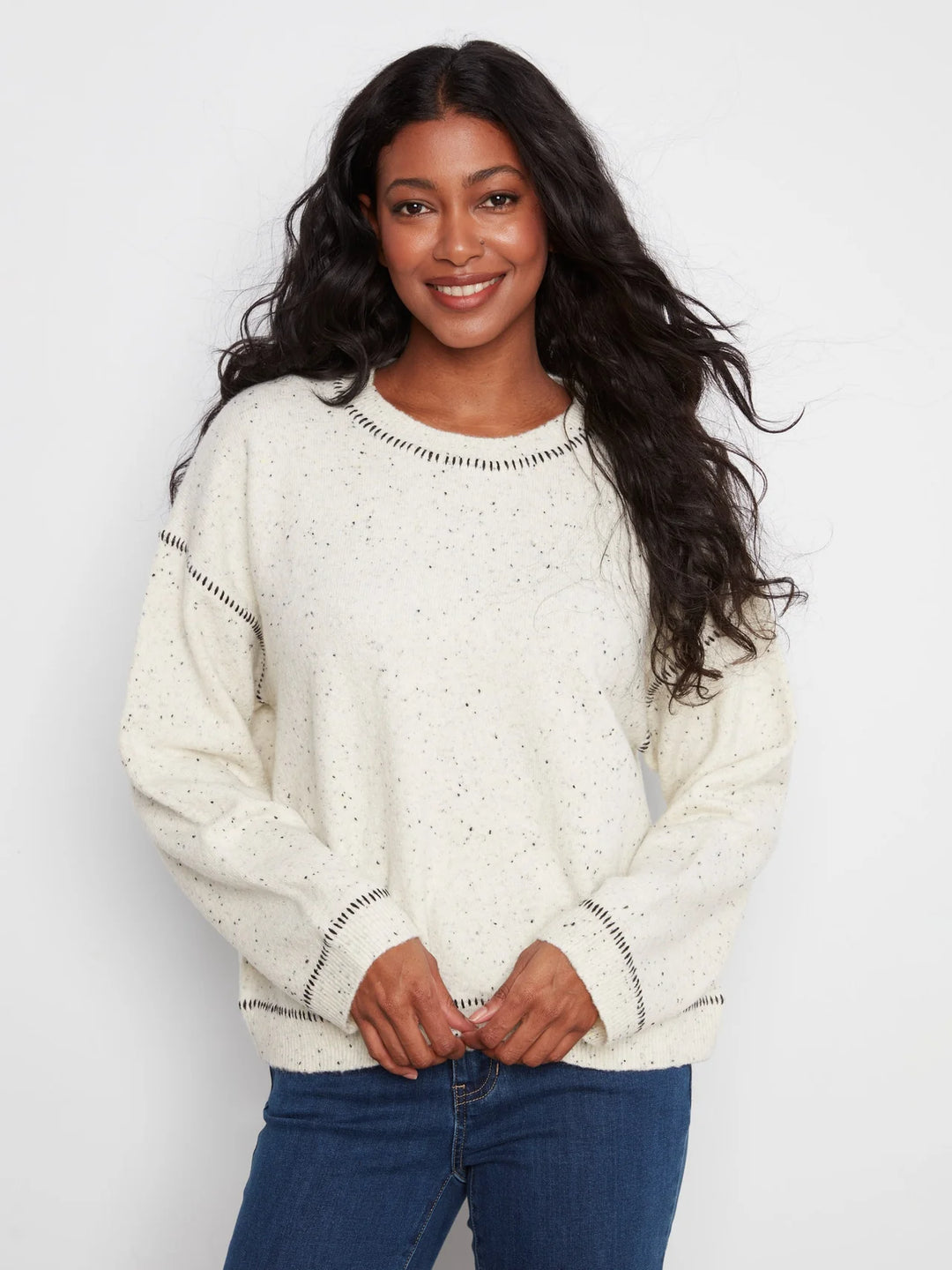 Charlie B Long Sleeve Drop Shoulder Sweater w/ Whipstitch - Biscuit, Cookie &amp; Cream