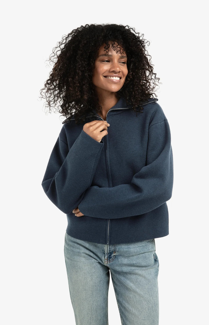 YAYA Knit Sweater Jacket with Collar - Collegiate Blue