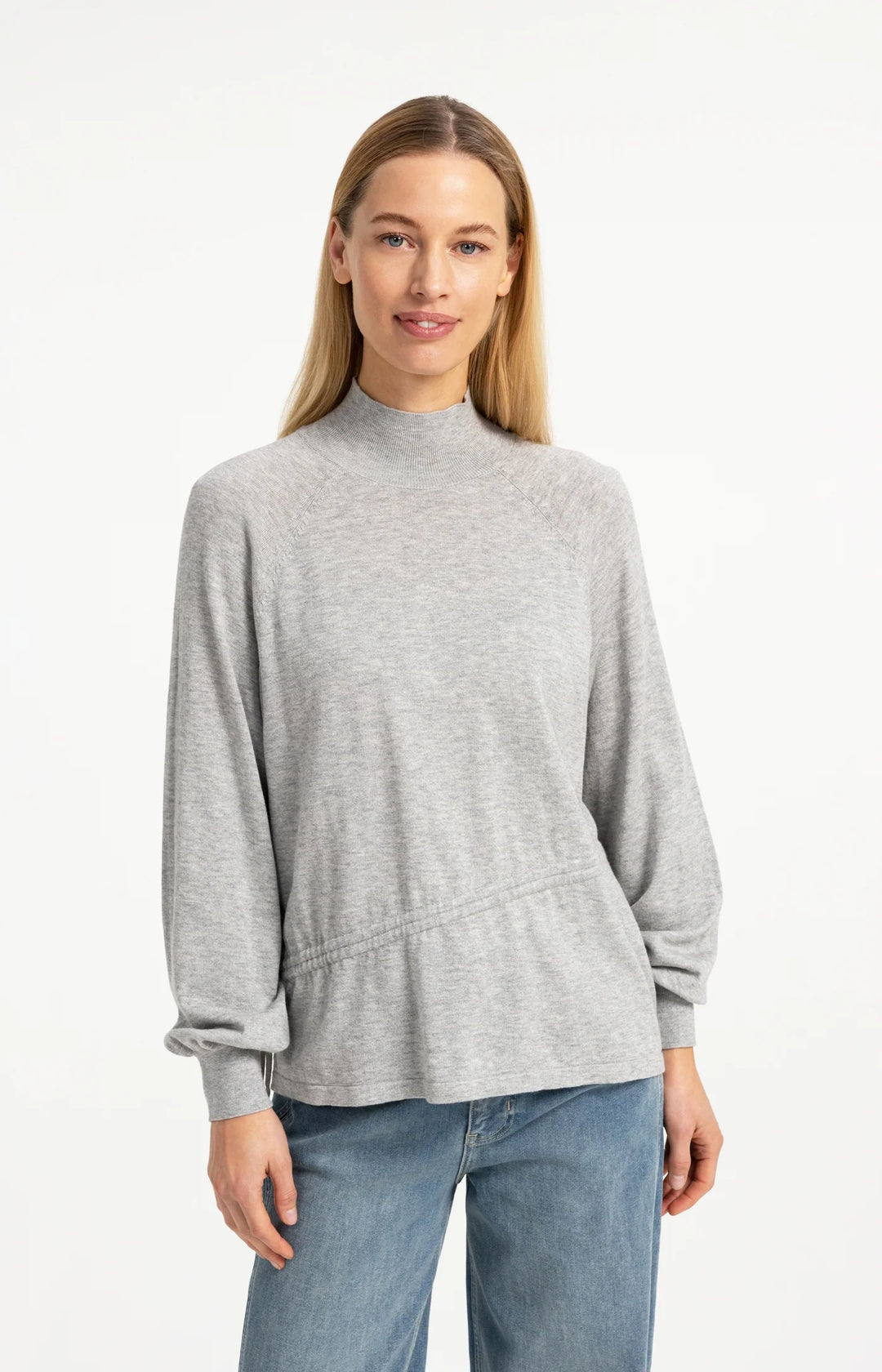 YAYA Sweater With High Neckline and Cord at Waist - Grey