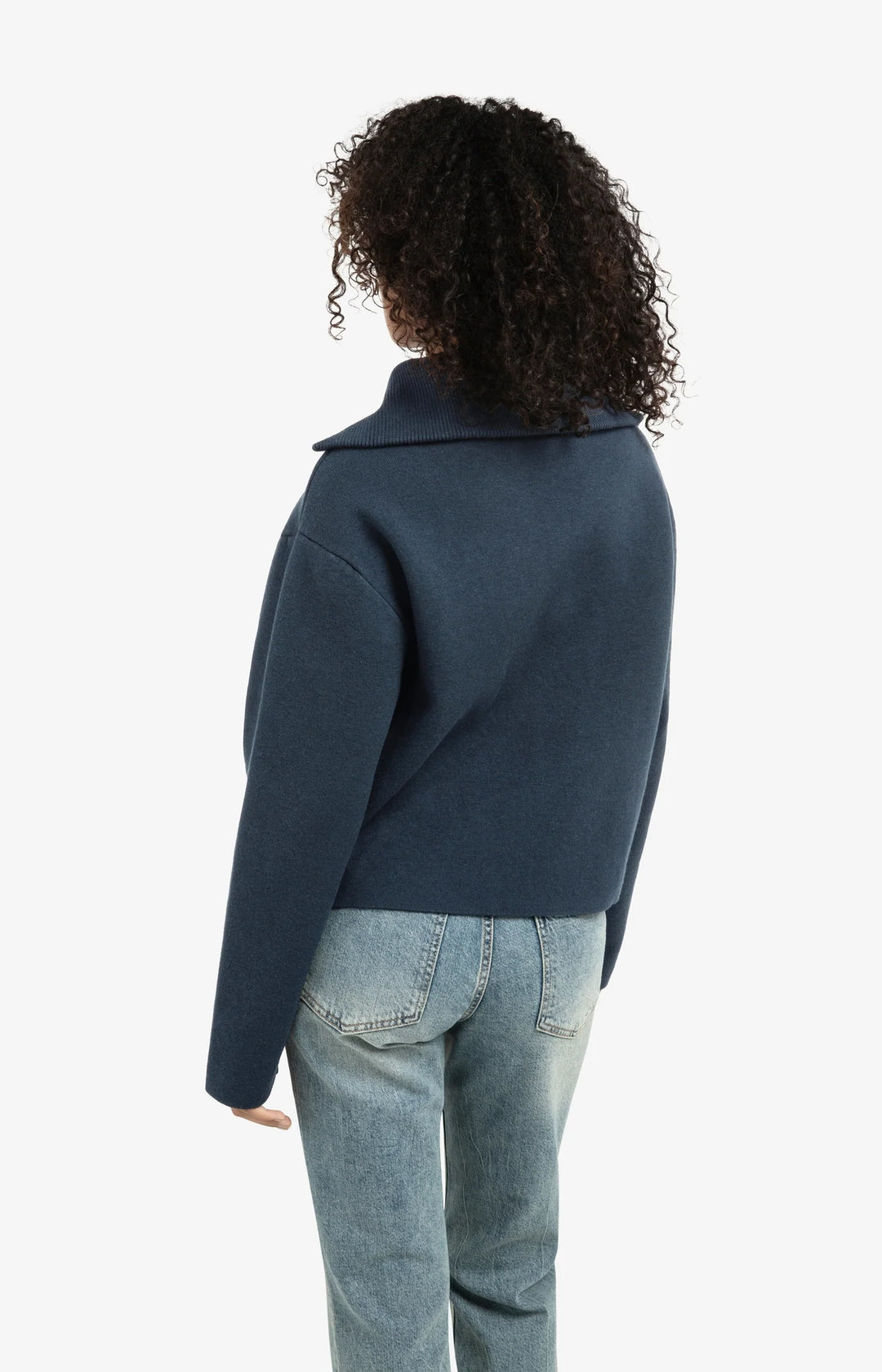 YAYA Knit Sweater Jacket with Collar - Collegiate Blue