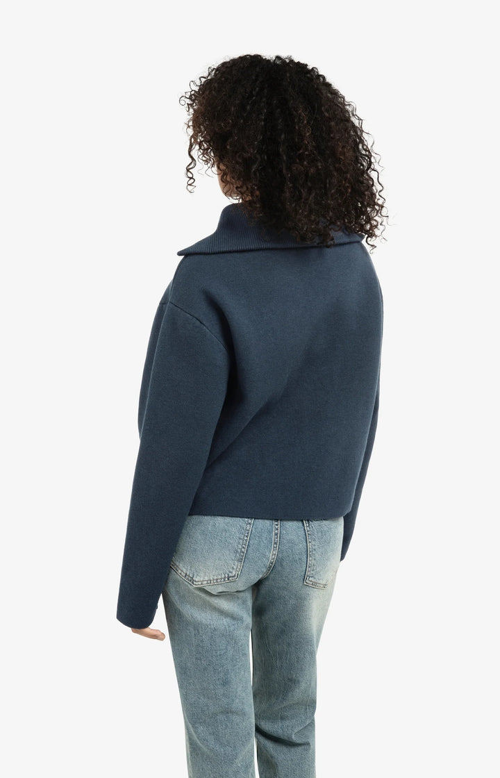 YAYA Knit Sweater Jacket with Collar - Collegiate Blue